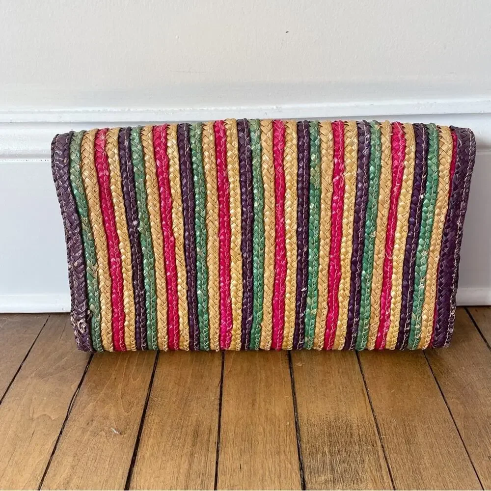Vintage 80s Rainbow Striped Raffia Straw Envelope Clutch